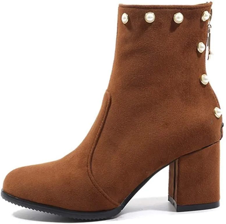 Women's Chunky Block Heel Dress Ankle Boots Round Toe Suede Zipper Booties Studded Pearls Short Boot