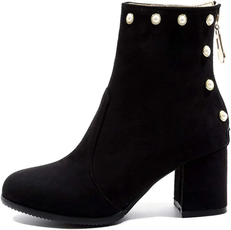 Women's Chunky Block Heel Dress Ankle Boots Round Toe Suede Zipper Booties Studded Pearls Short Boot