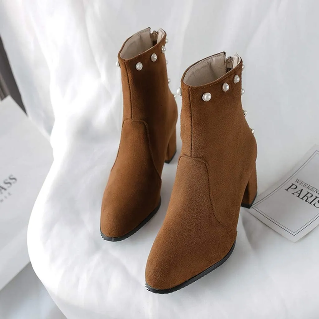 Women's Chunky Block Heel Dress Ankle Boots Round Toe Suede Zipper Booties Studded Pearls Short Boot