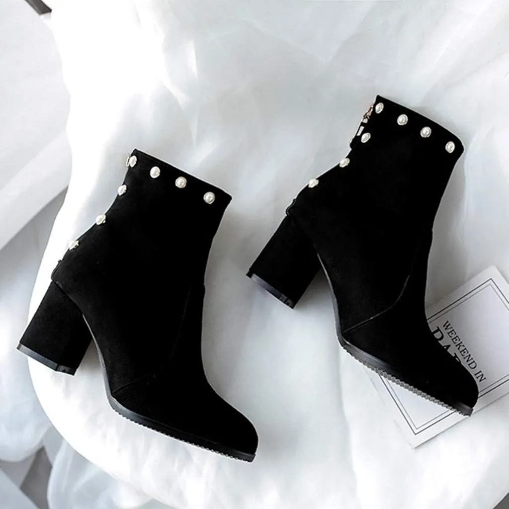 Women's Chunky Block Heel Dress Ankle Boots Round Toe Suede Zipper Booties Studded Pearls Short Boot