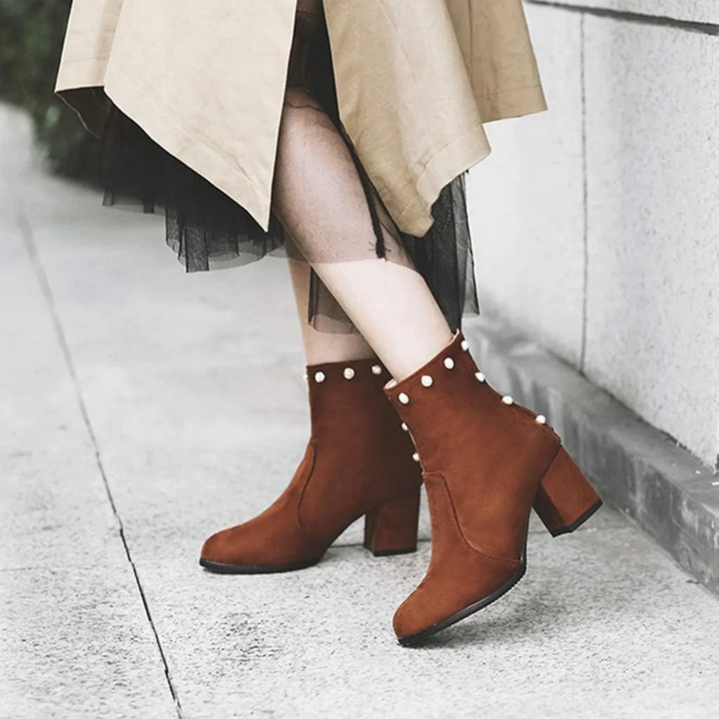 Women's Chunky Block Heel Dress Ankle Boots Round Toe Suede Zipper Booties Studded Pearls Short Boot