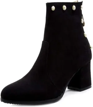 Women's Chunky Block Heel Dress Ankle Boots Round Toe Suede Zipper Booties Studded Pearls Short Boot