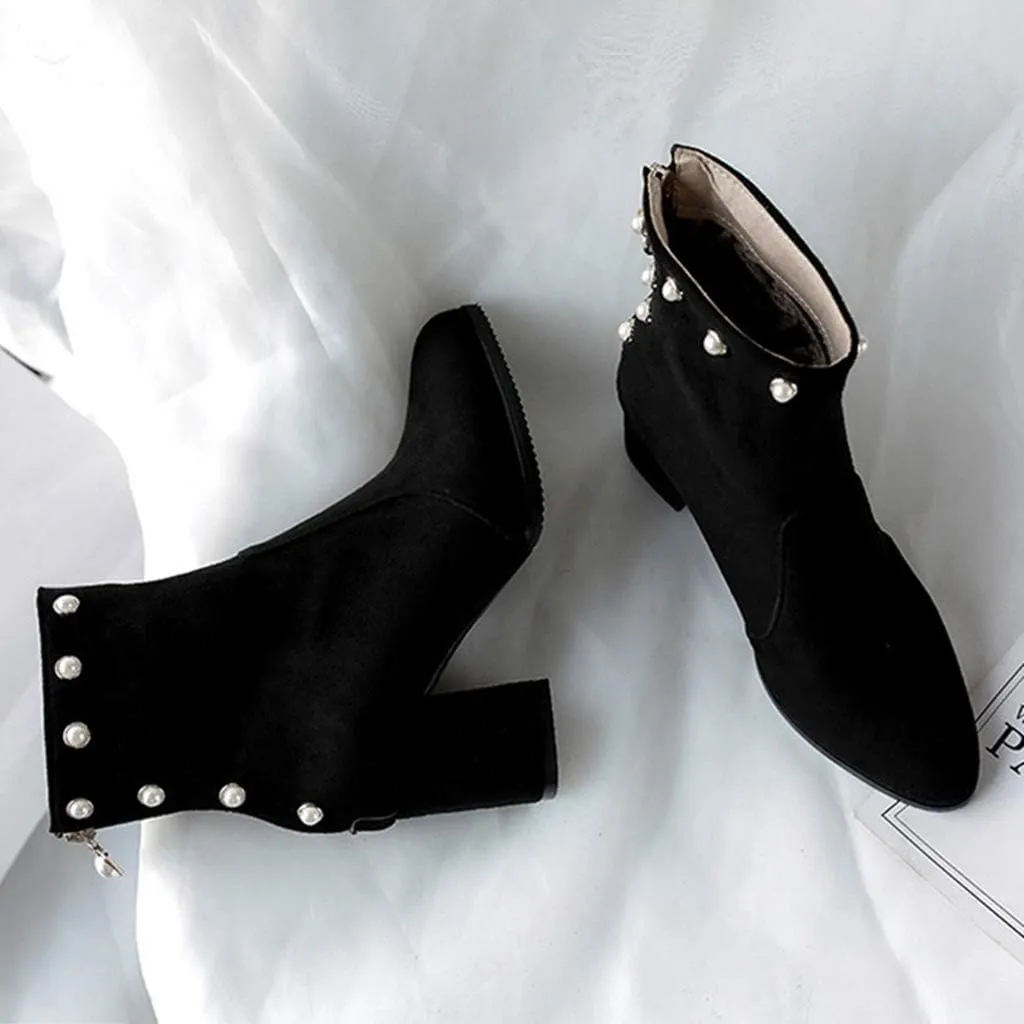 Women's Chunky Block Heel Dress Ankle Boots Round Toe Suede Zipper Booties Studded Pearls Short Boot