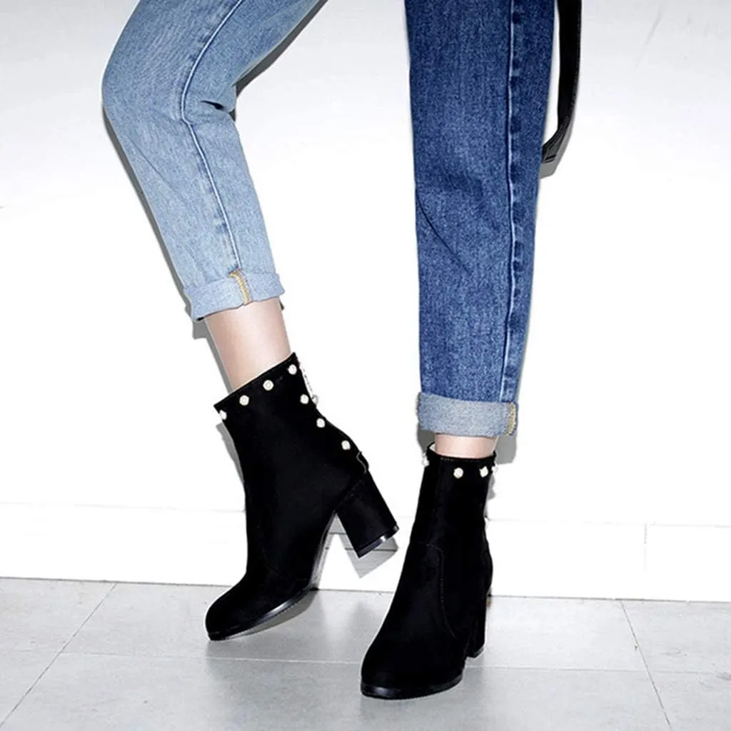 Women's Chunky Block Heel Dress Ankle Boots Round Toe Suede Zipper Booties Studded Pearls Short Boot