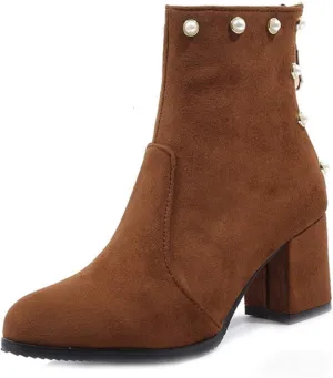 Women's Chunky Block Heel Dress Ankle Boots Round Toe Suede Zipper Booties Studded Pearls Short Boot
