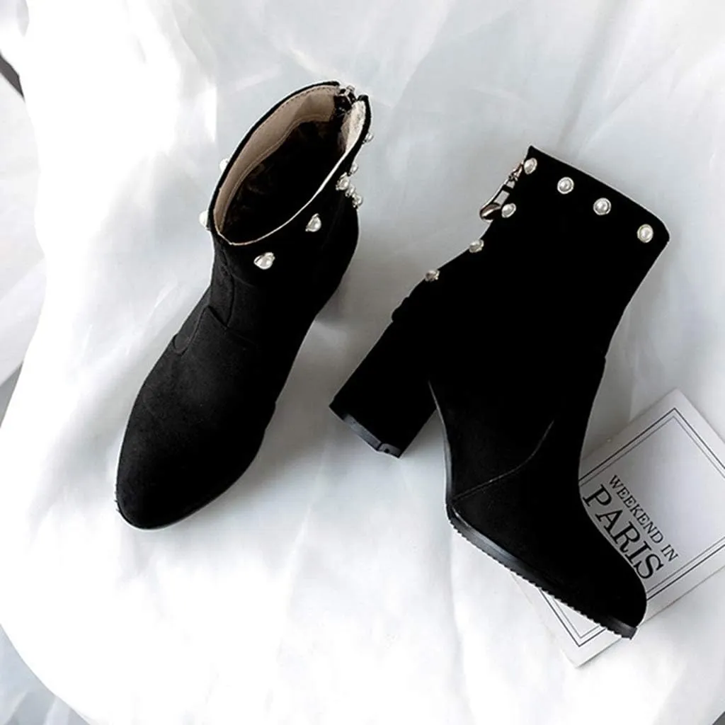 Women's Chunky Block Heel Dress Ankle Boots Round Toe Suede Zipper Booties Studded Pearls Short Boot