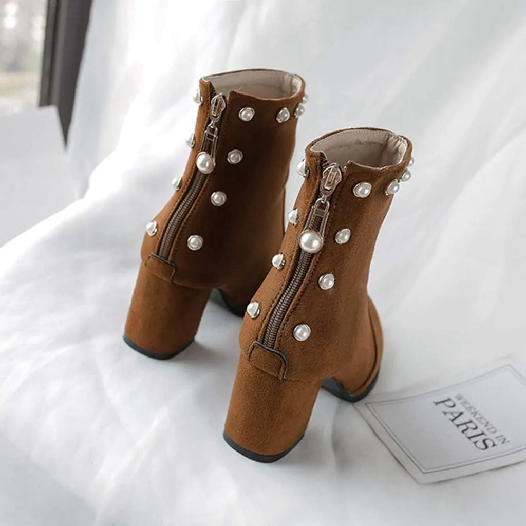 Women's Chunky Block Heel Dress Ankle Boots Round Toe Suede Zipper Booties Studded Pearls Short Boot