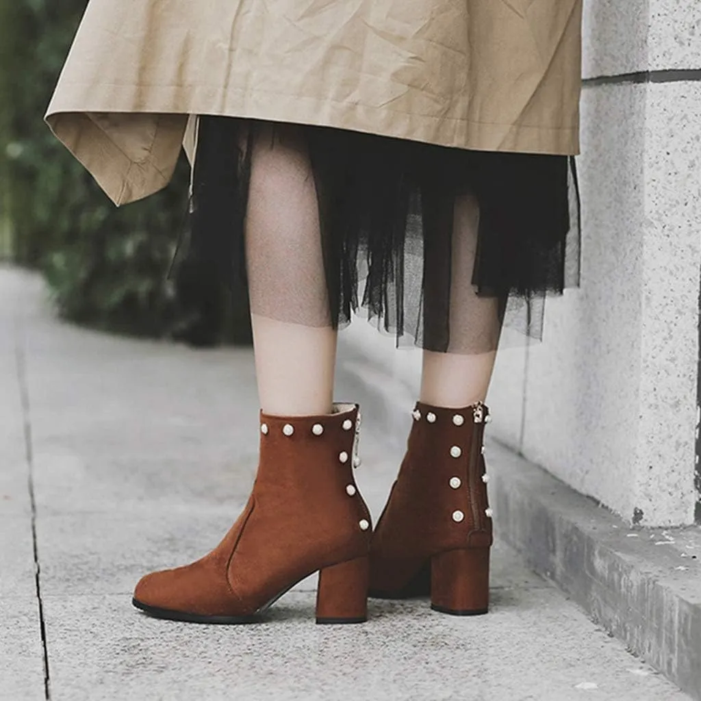 Women's Chunky Block Heel Dress Ankle Boots Round Toe Suede Zipper Booties Studded Pearls Short Boot