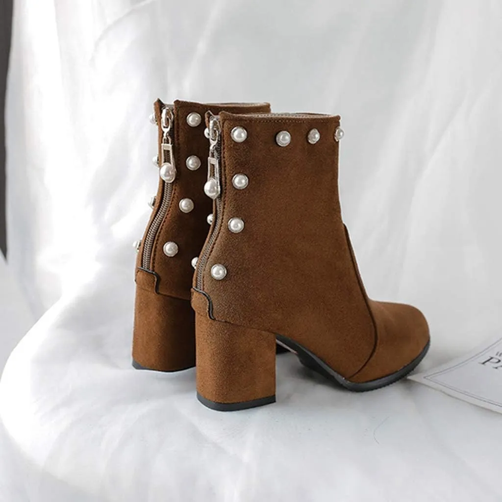 Women's Chunky Block Heel Dress Ankle Boots Round Toe Suede Zipper Booties Studded Pearls Short Boot
