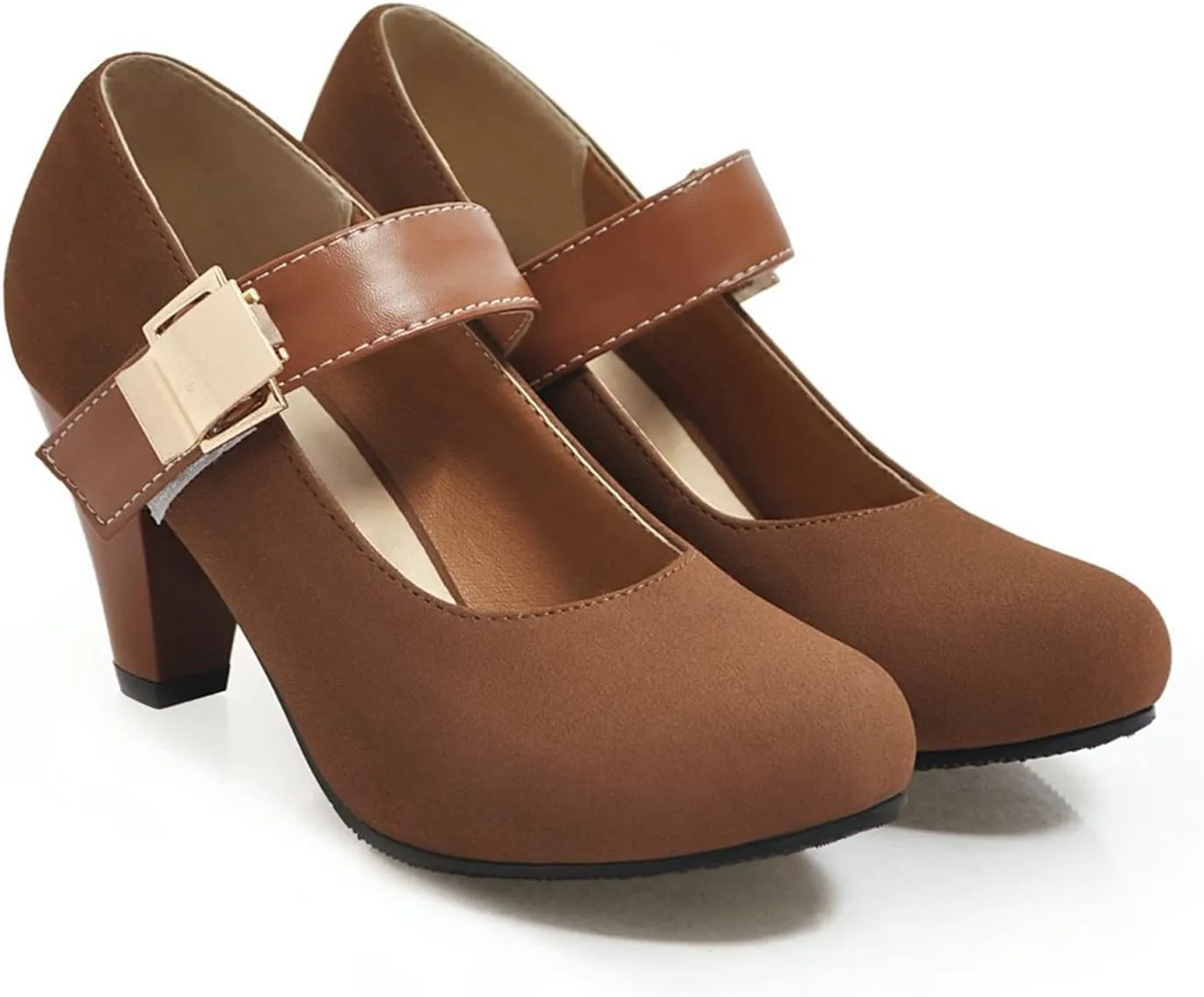 Women's Chunky High Heel Mary Jane Shoes Retro Round Toe Hook Loop Casual Ankle Strap Dress Pumps