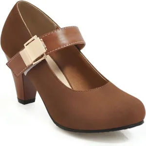Women's Chunky High Heel Mary Jane Shoes Retro Round Toe Hook Loop Casual Ankle Strap Dress Pumps