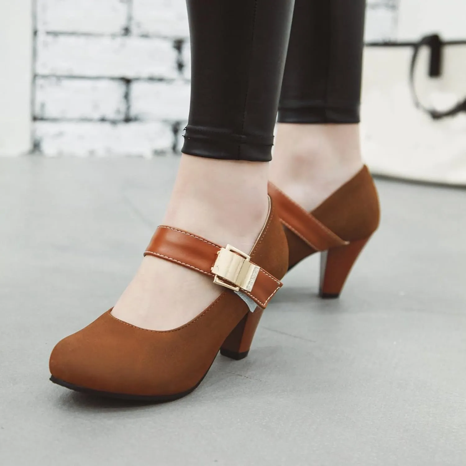 Women's Chunky High Heel Mary Jane Shoes Retro Round Toe Hook Loop Casual Ankle Strap Dress Pumps