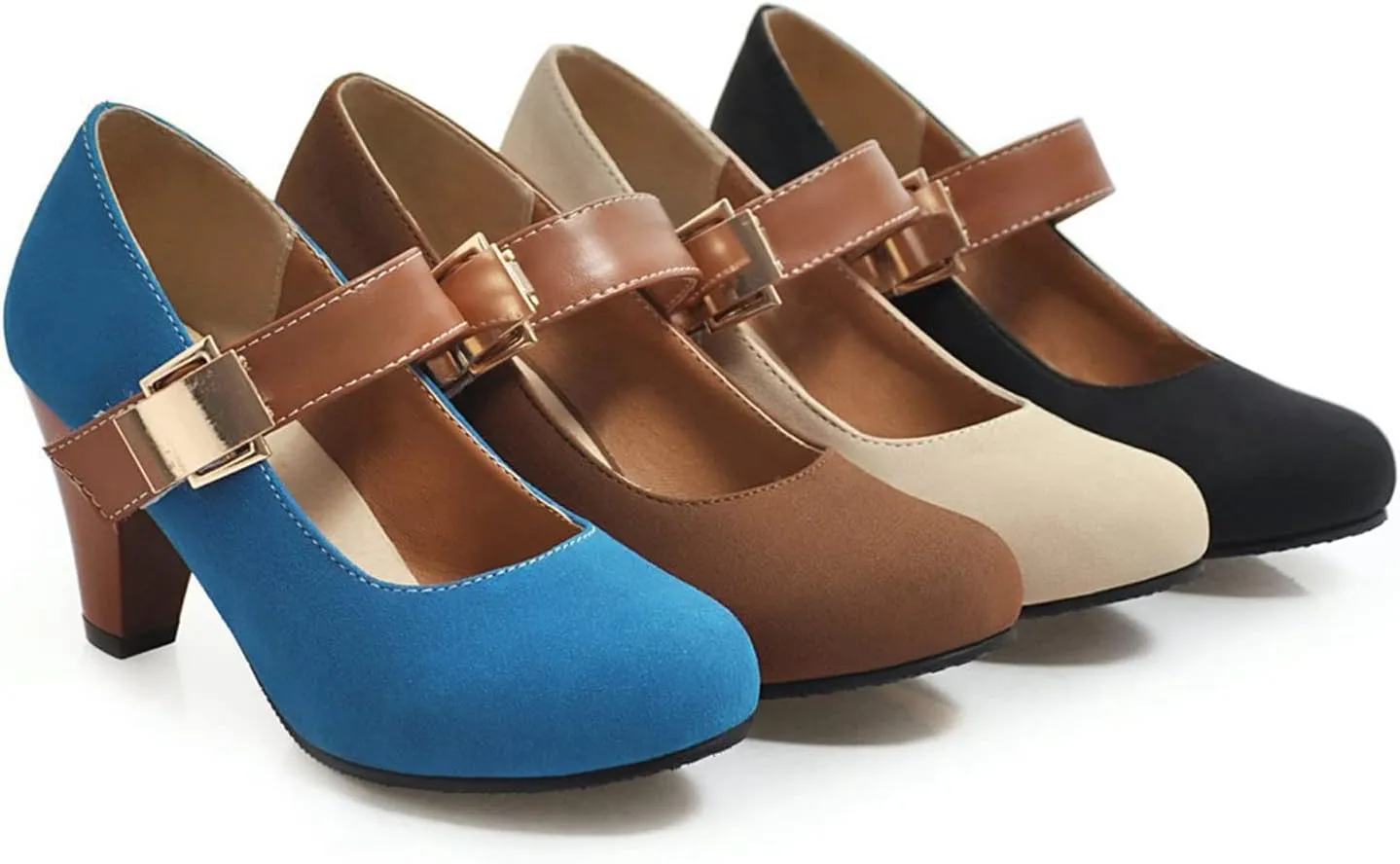 Women's Chunky High Heel Mary Jane Shoes Retro Round Toe Hook Loop Casual Ankle Strap Dress Pumps