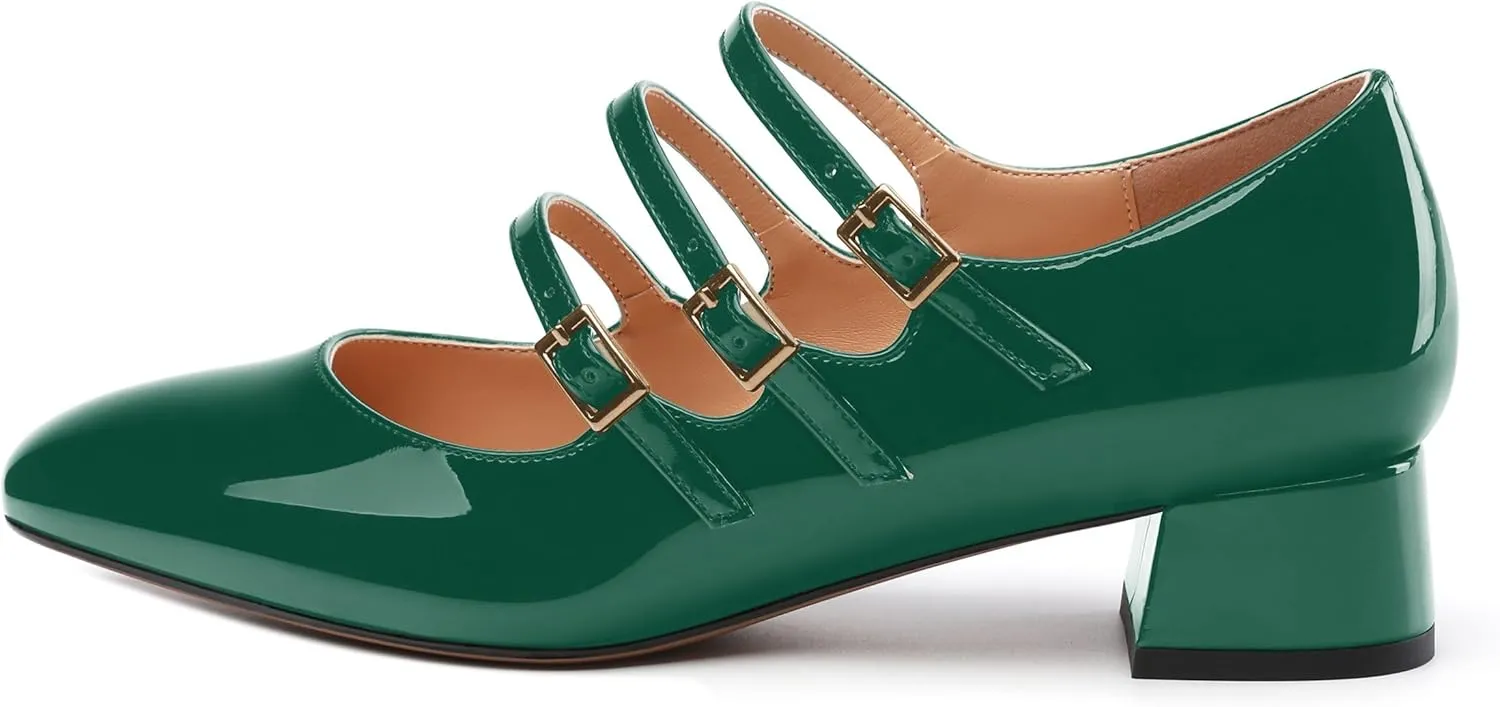 Womens Closed Square Toe Low Chunky Heels for Women Ladies Patent Leather Three Strap Mary Jane Pumps Wedding Party Office Dress Shoes