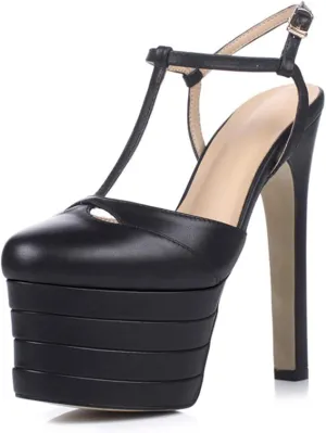 Womens Color Block Platform Heels PU Leather Ankle Strap Buckles Dress Pumps T-Strap Closed Toe Pump Slingback Pole Dance Show Dress Shoes,Black,8.5