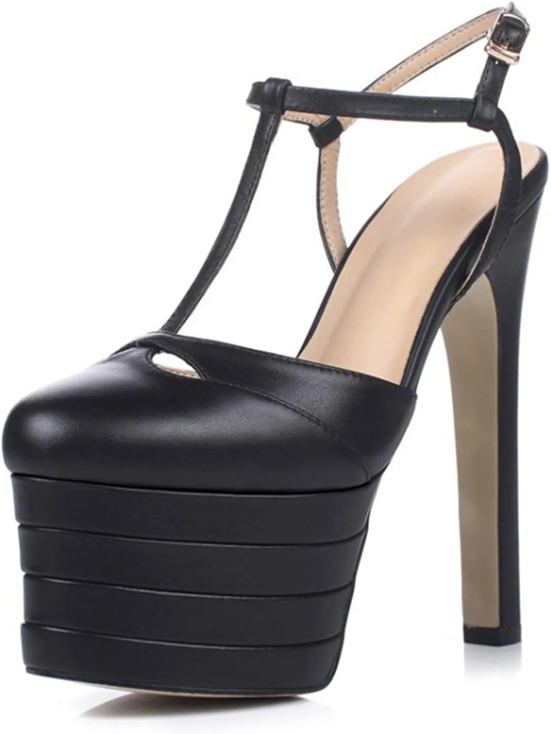 Womens Color Block Platform Heels PU Leather Ankle Strap Buckles Dress Pumps T-Strap Closed Toe Pump Slingback Pole Dance Show Dress Shoes,Black,8.5