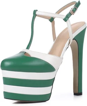 Womens Color Block Platform Heels PU Leather Ankle Strap Buckles Dress Pumps T-Strap Closed Toe Pump Slingback Pole Dance Show Dress Shoes,Green,4.5