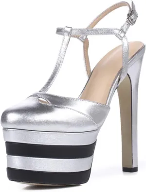 Womens Color Block Platform Heels PU Leather Ankle Strap Buckles Dress Pumps T-Strap Closed Toe Pump Slingback Pole Dance Show Dress Shoes,Silver,4.5