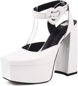 Women's Cute Heart Platform Heels Pumps Block Heel Flatform Shoes Ankle Strap Buckles Dress Pumps