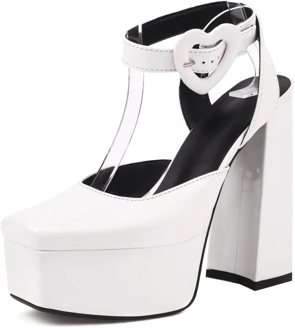 Women's Cute Heart Platform Heels Pumps Block Heel Flatform Shoes Ankle Strap Buckles Dress Pumps