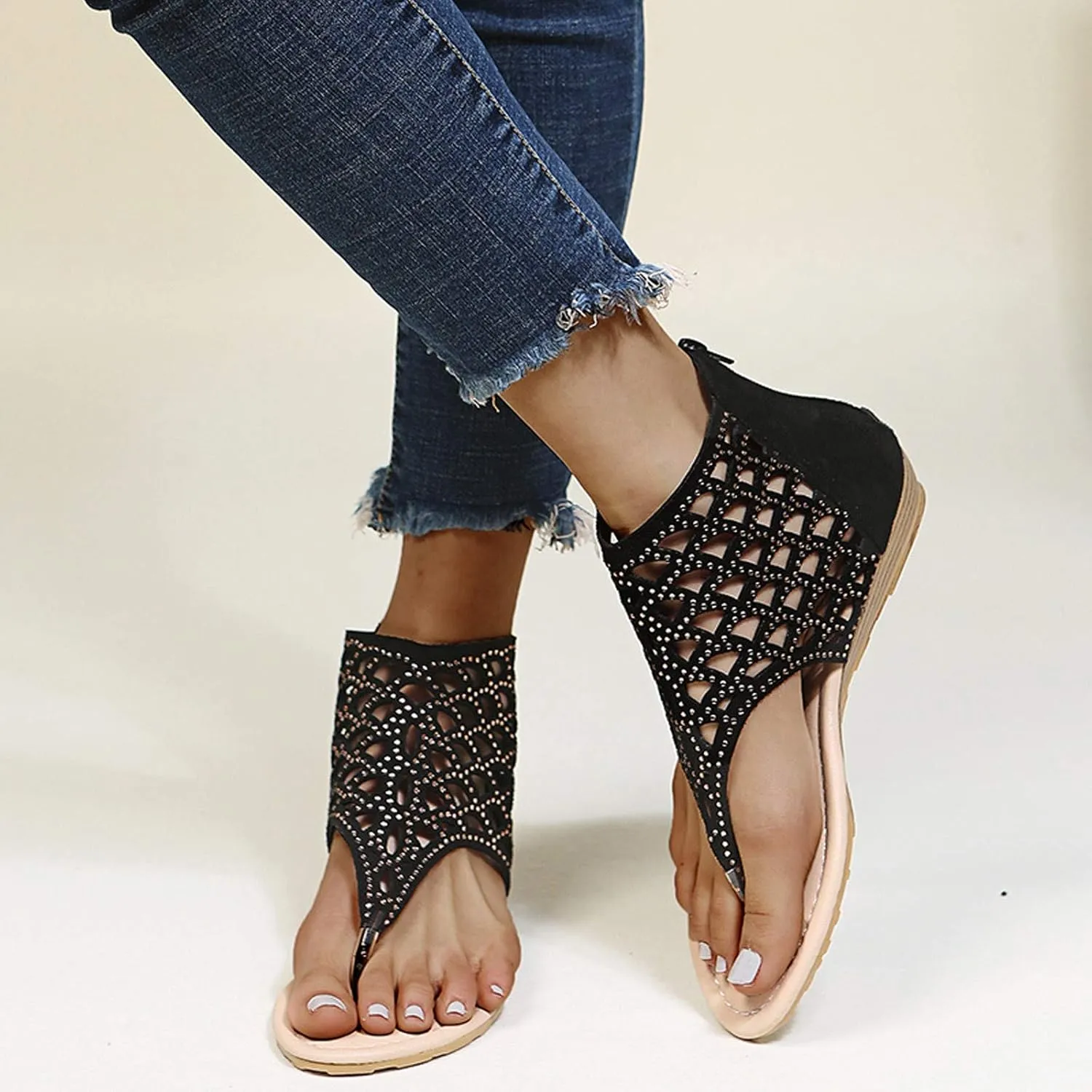 Womens Dressy Wedge Sandals Low Heel Elastic Ankle Strap Rhinestone Decor Summer Casual Shoes Comfortable Walking Platform Beach Footwear Orthopedic Shoes for Women
