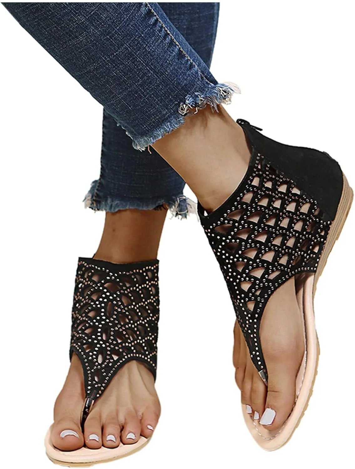 Womens Dressy Wedge Sandals Low Heel Elastic Ankle Strap Rhinestone Decor Summer Casual Shoes Comfortable Walking Platform Beach Footwear Orthopedic Shoes for Women