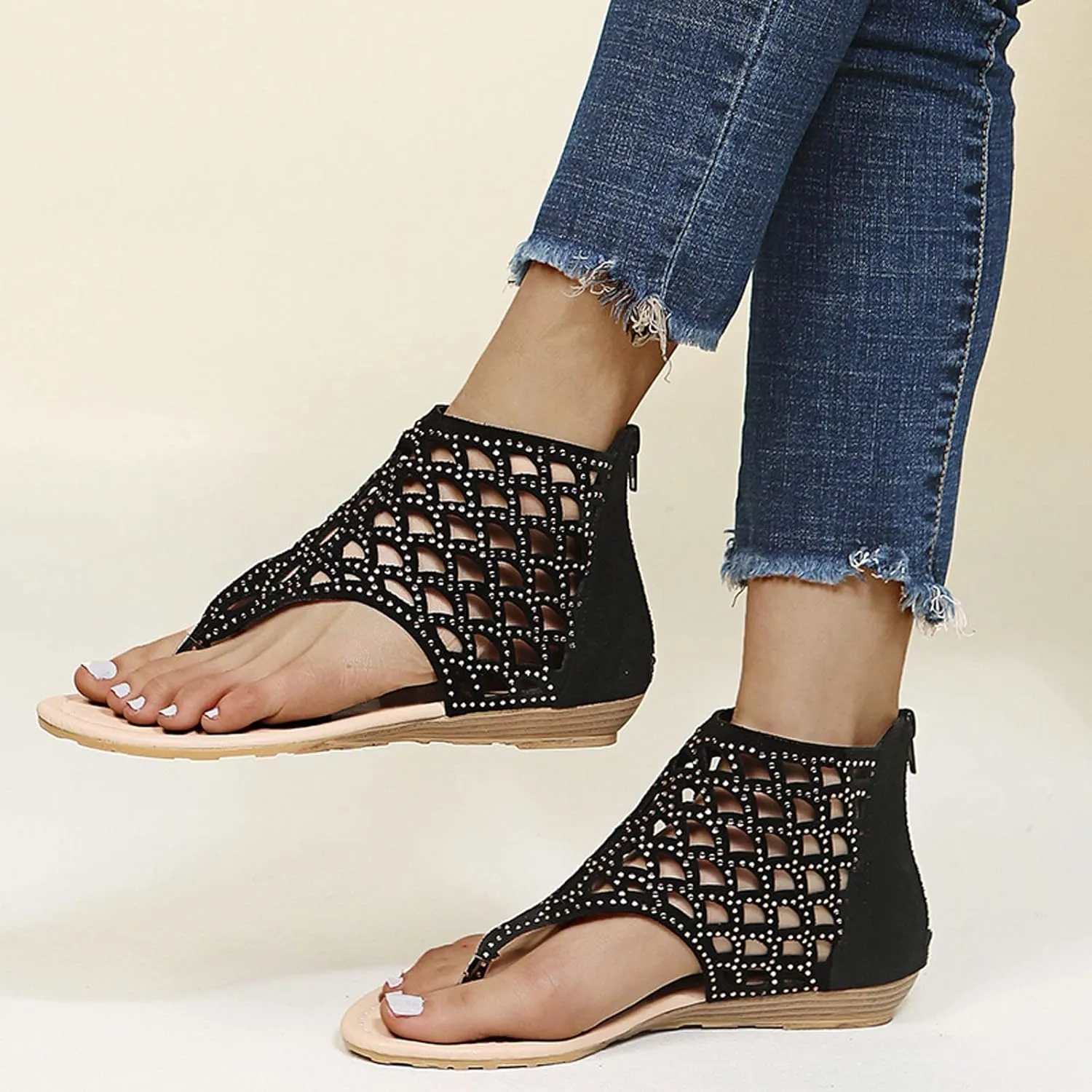 Womens Dressy Wedge Sandals Low Heel Elastic Ankle Strap Rhinestone Decor Summer Casual Shoes Comfortable Walking Platform Beach Footwear Orthopedic Shoes for Women