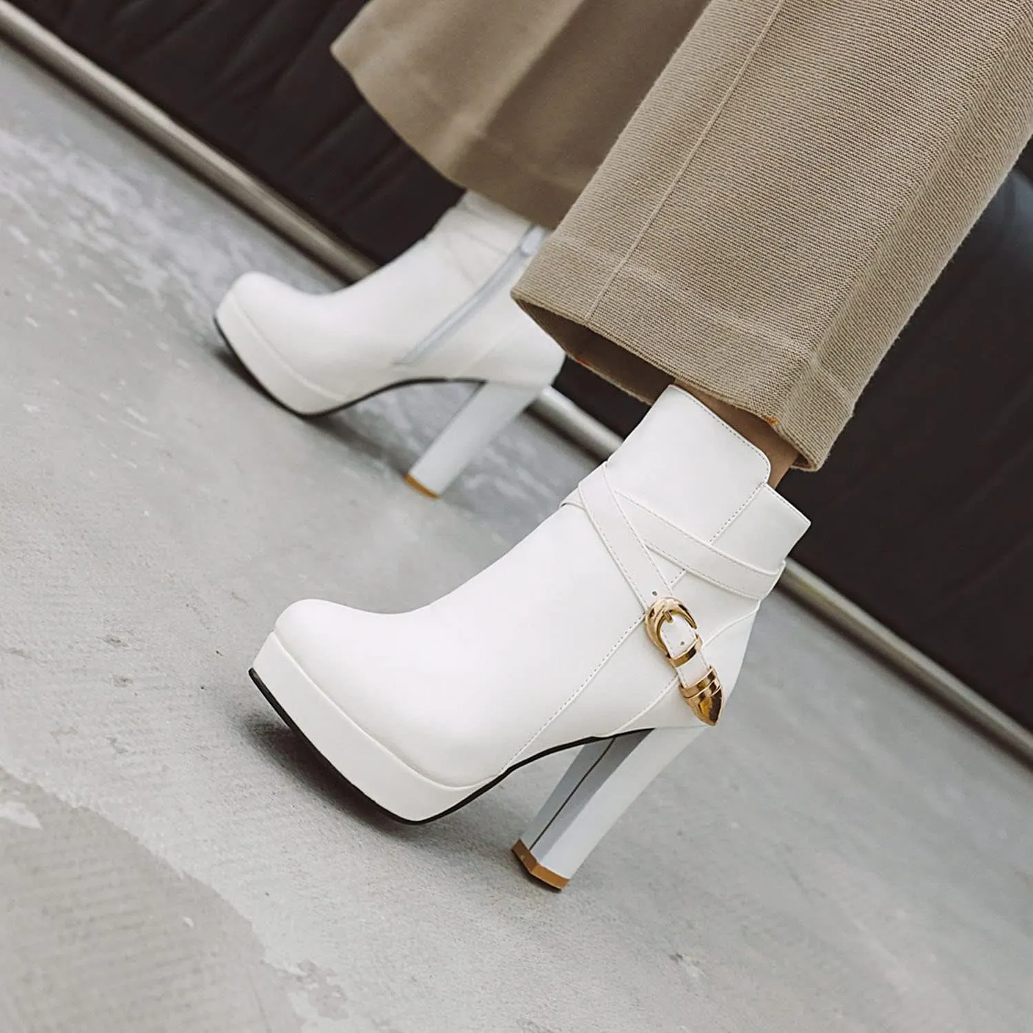 Womens Fashion Belt Buckle Ankle Boots PU Leather Platform Chunky High Heels Zipper Booties Dress Wedding Fall Booties Shoes