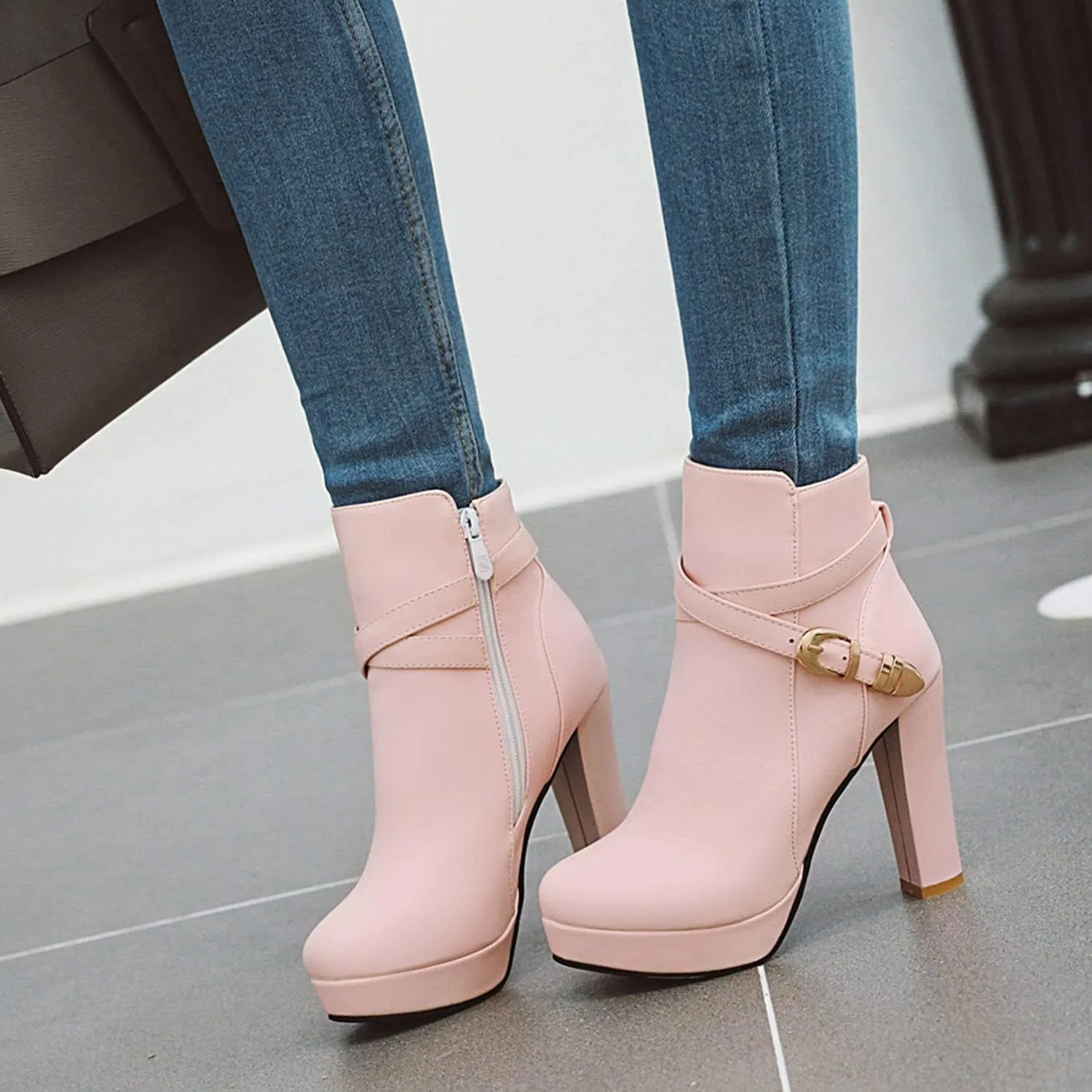 Womens Fashion Belt Buckle Ankle Boots PU Leather Platform Chunky High Heels Zipper Booties Dress Wedding Fall Booties Shoes