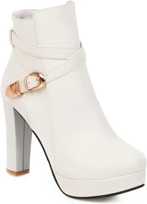 Womens Fashion Belt Buckle Ankle Boots PU Leather Platform Chunky High Heels Zipper Booties Dress Wedding Fall Booties Shoes