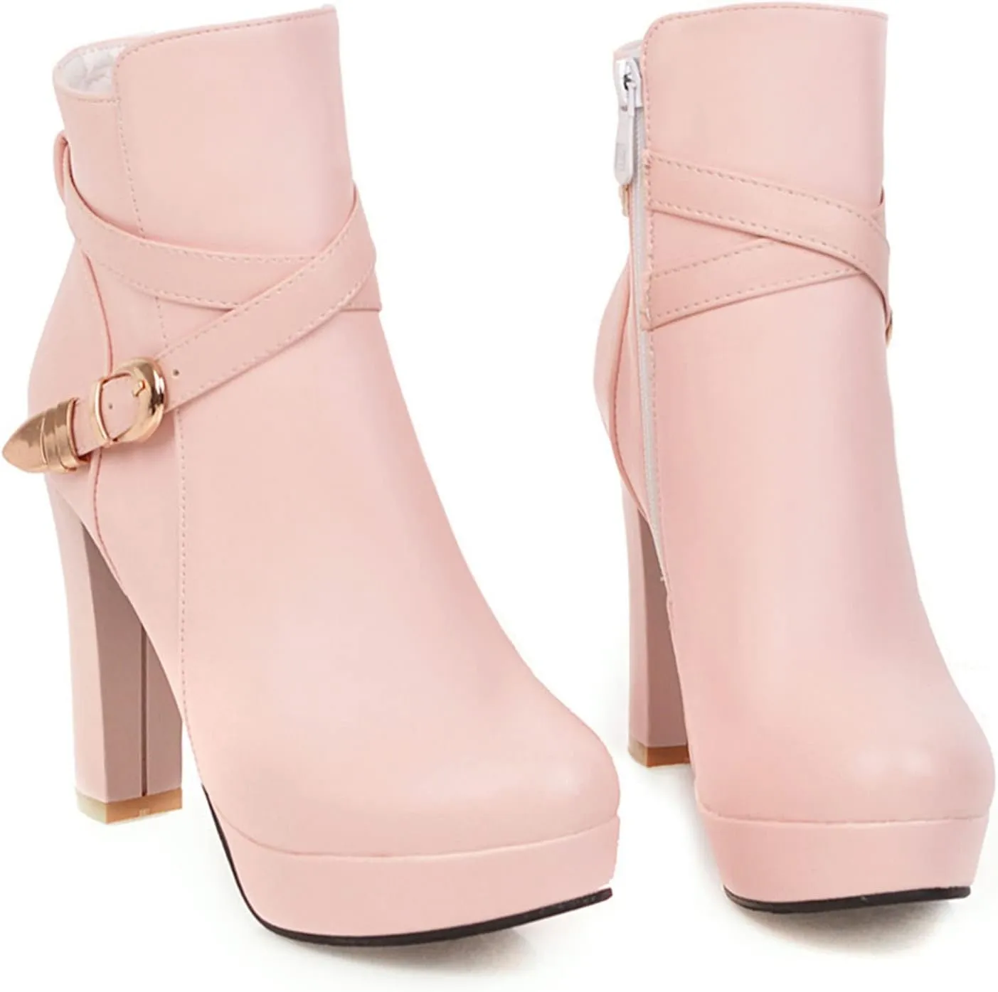 Womens Fashion Belt Buckle Ankle Boots PU Leather Platform Chunky High Heels Zipper Booties Dress Wedding Fall Booties Shoes