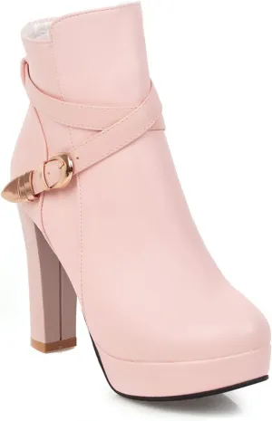 Womens Fashion Belt Buckle Ankle Boots PU Leather Platform Chunky High Heels Zipper Booties Dress Wedding Fall Booties Shoes