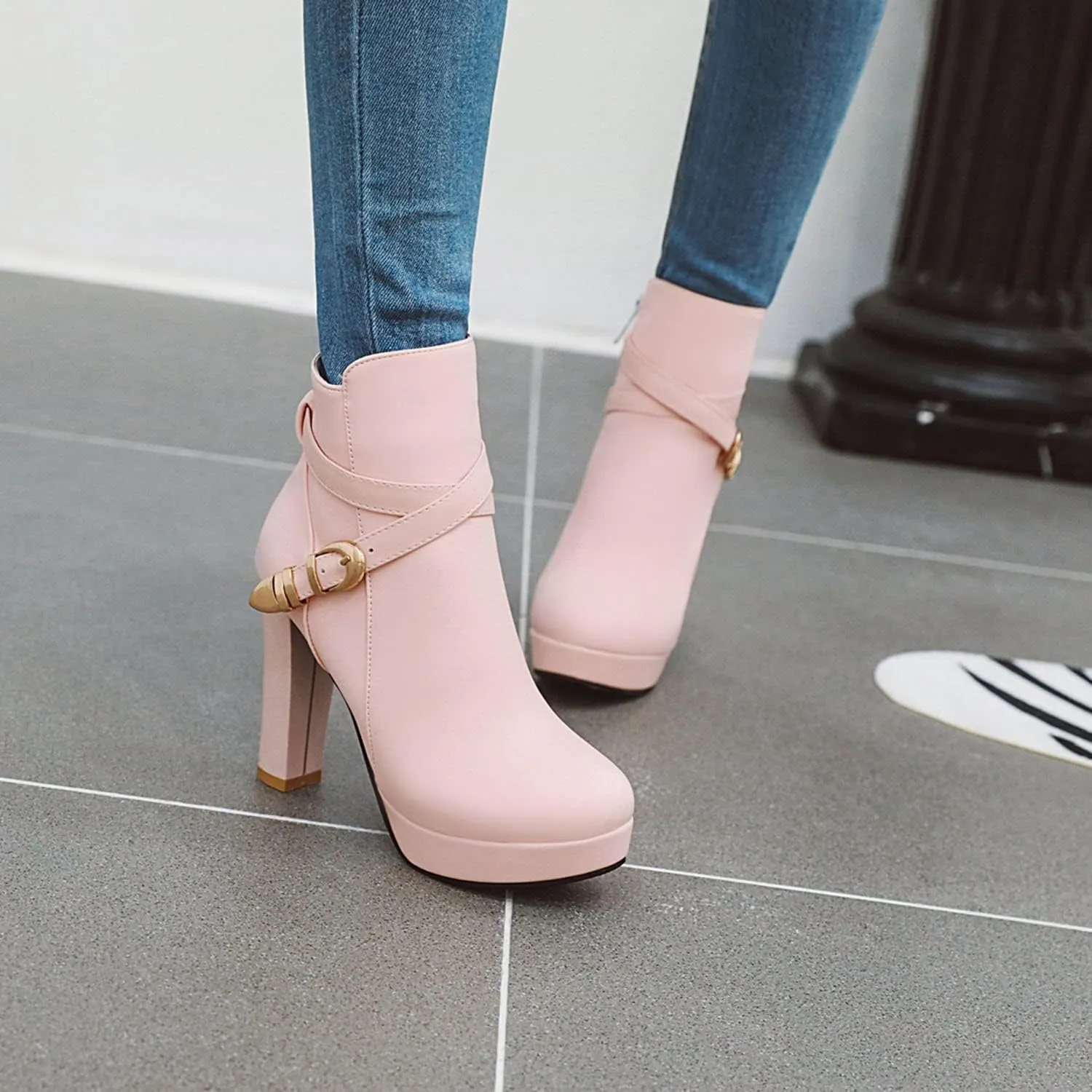 Womens Fashion Belt Buckle Ankle Boots PU Leather Platform Chunky High Heels Zipper Booties Dress Wedding Fall Booties Shoes