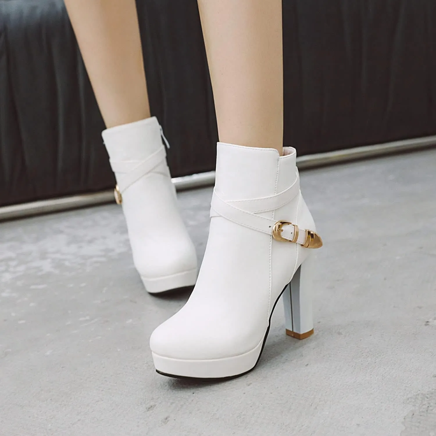 Womens Fashion Belt Buckle Ankle Boots PU Leather Platform Chunky High Heels Zipper Booties Dress Wedding Fall Booties Shoes