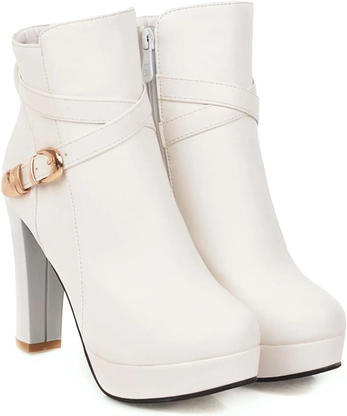 Womens Fashion Belt Buckle Ankle Boots PU Leather Platform Chunky High Heels Zipper Booties Dress Wedding Fall Booties Shoes