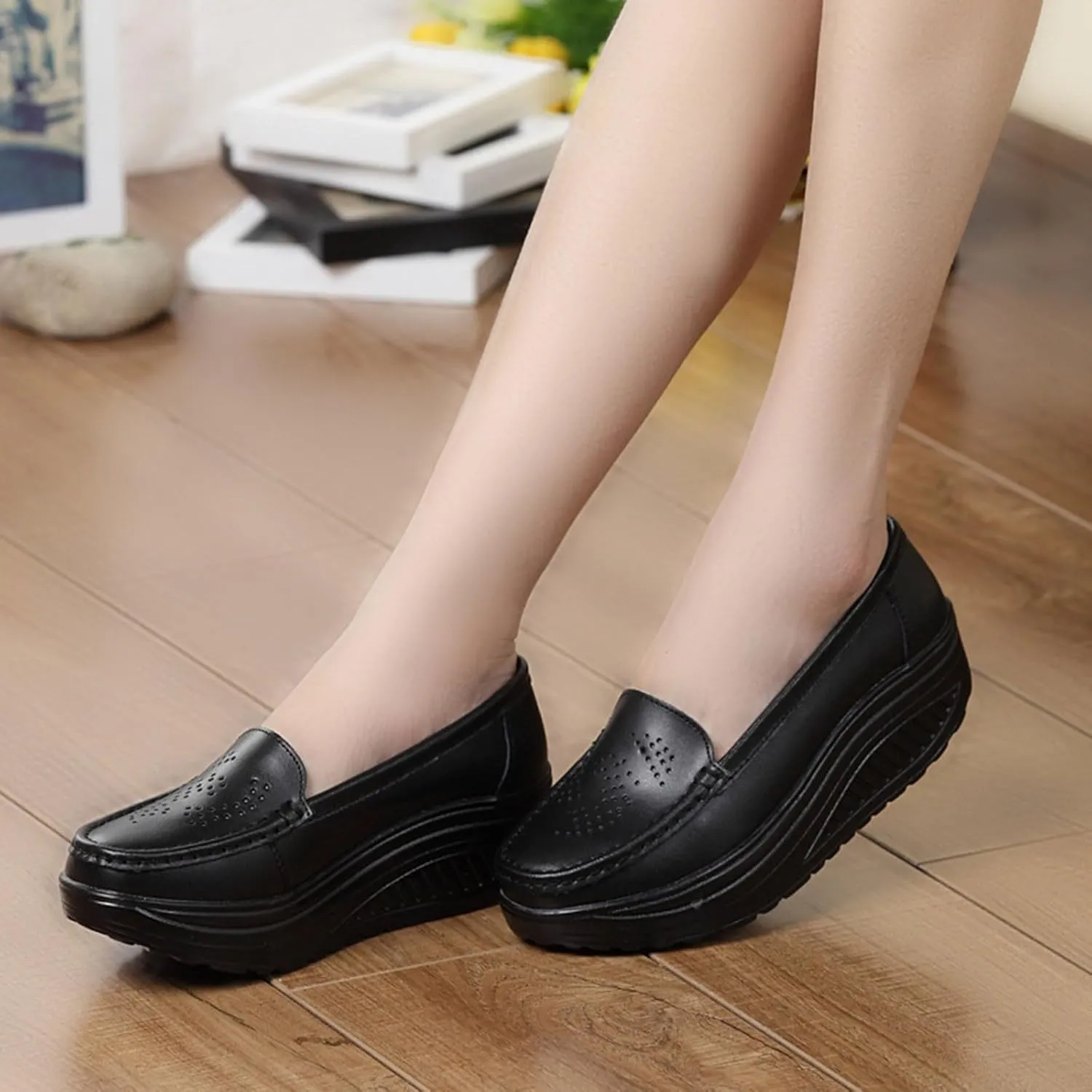 Women's Fashion Casual Solid Slip On Wedges Thick Bottom Platforms Work Shoes Water Aerobics Shoes Men