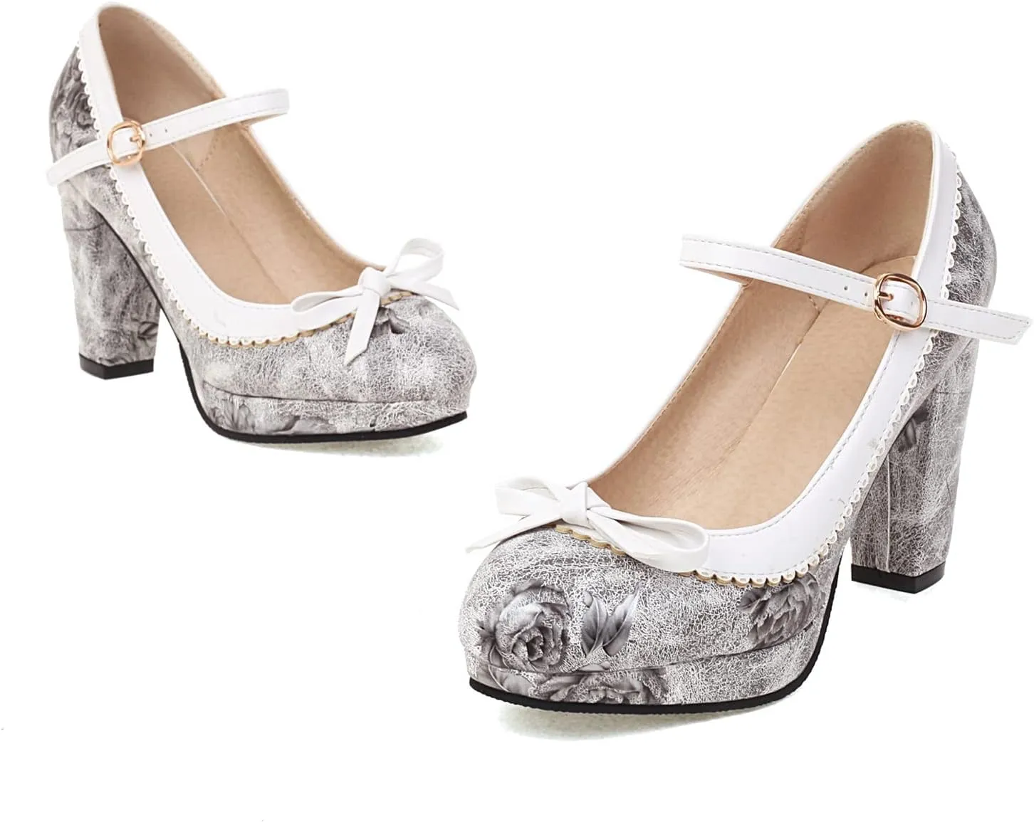 Women's Fashion Chunky High Heel Mary Jane Shoes Printed Flower Round Toe Ankle Strap Platform Pumps