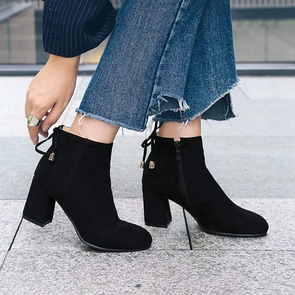 Women's Fashion Dressy Ankle Boots Round Toe Tassel Side Zipper Chunky Block Heel Dressy Short Bootie