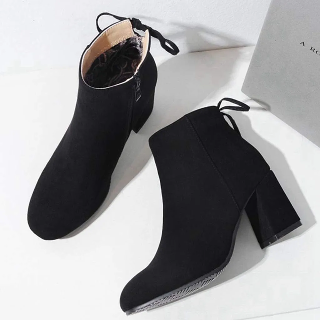 Women's Fashion Dressy Ankle Boots Round Toe Tassel Side Zipper Chunky Block Heel Dressy Short Bootie