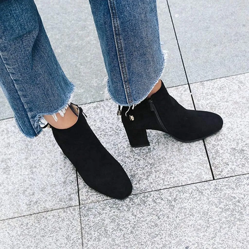 Women's Fashion Dressy Ankle Boots Round Toe Tassel Side Zipper Chunky Block Heel Dressy Short Bootie