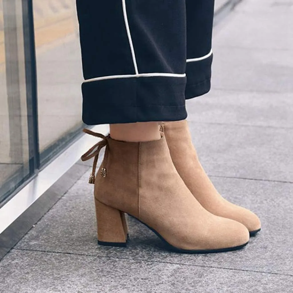 Women's Fashion Dressy Ankle Boots Round Toe Tassel Side Zipper Chunky Block Heel Dressy Short Bootie
