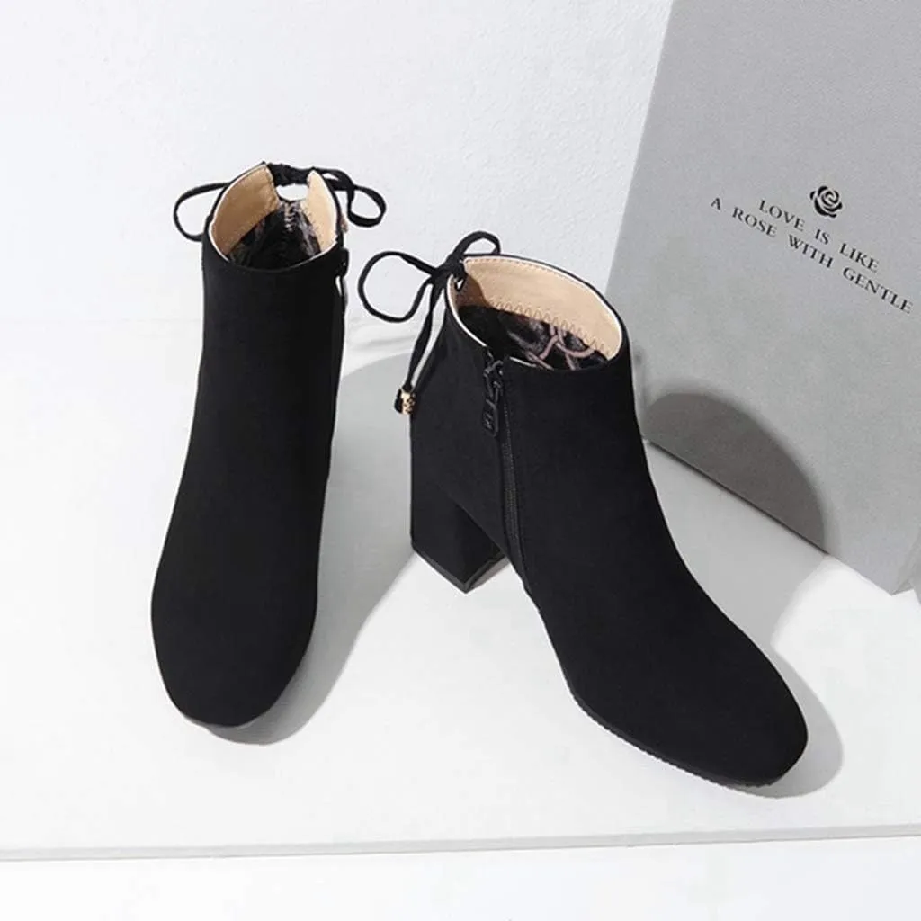 Women's Fashion Dressy Ankle Boots Round Toe Tassel Side Zipper Chunky Block Heel Dressy Short Bootie