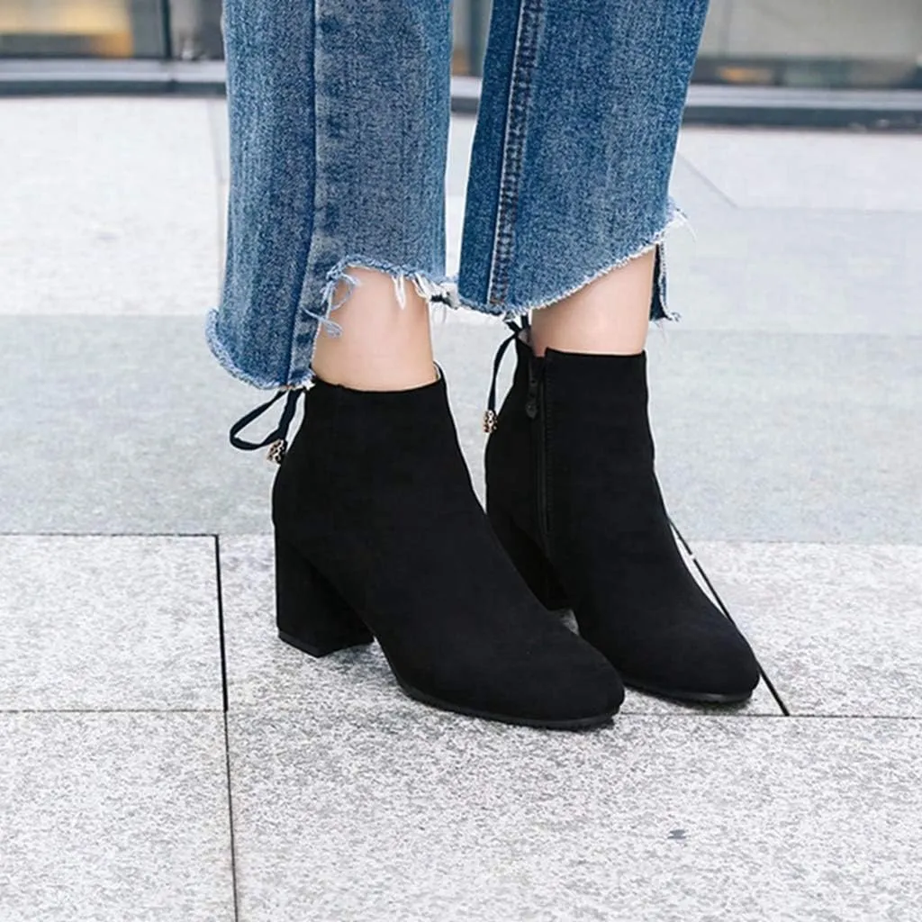 Women's Fashion Dressy Ankle Boots Round Toe Tassel Side Zipper Chunky Block Heel Dressy Short Bootie