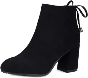 Women's Fashion Dressy Ankle Boots Round Toe Tassel Side Zipper Chunky Block Heel Dressy Short Bootie