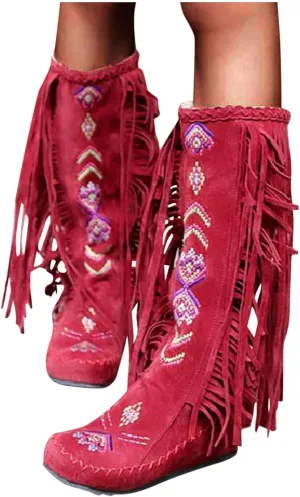 Women's Fringe Wedge Western Boots,Fringe Flock Embroidery Round Toe Pull On Thick Sole Mid Calf Boots Party Dress Wedding Shoes Cowboys Cowgirls Boots Red
