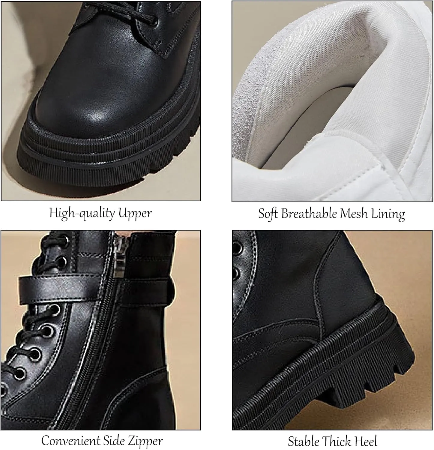 Women's Genuine Leather Lace-up Combat Ankle Boots with Side Zipper Fashion Comfort Round Toe Lug Sole Low Chunky Heel Booties Hollow Breathable Work Dress Boots