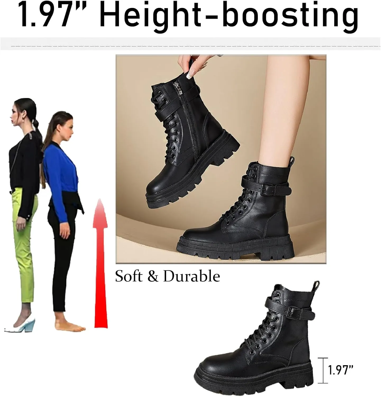 Women's Genuine Leather Lace-up Combat Ankle Boots with Side Zipper Fashion Comfort Round Toe Lug Sole Low Chunky Heel Booties Hollow Breathable Work Dress Boots