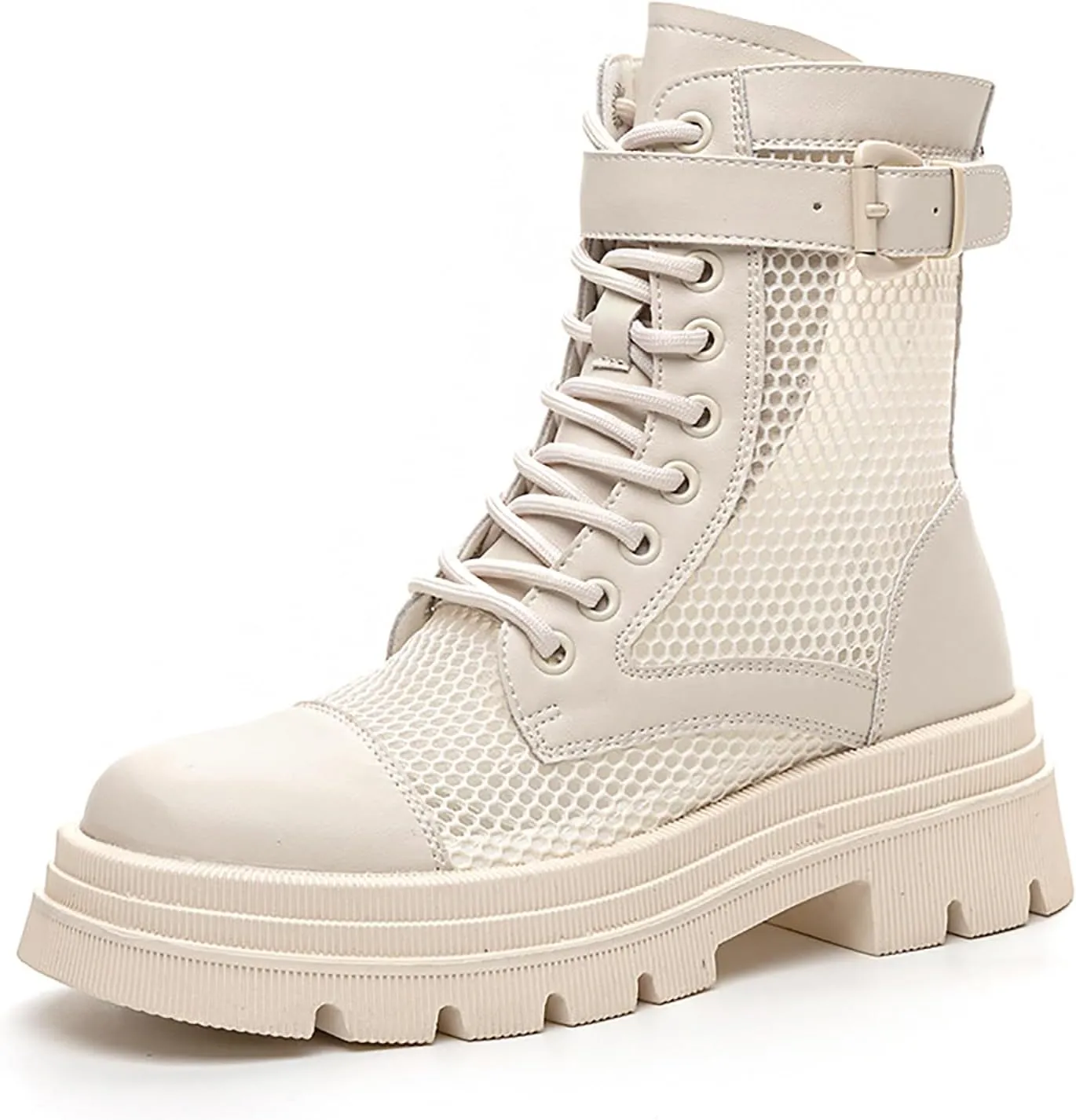 Women's Genuine Leather Lace-up Combat Ankle Boots with Side Zipper Fashion Comfort Round Toe Lug Sole Low Chunky Heel Booties Hollow Breathable Work Dress Boots