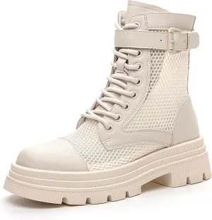 Women's Genuine Leather Lace-up Combat Ankle Boots with Side Zipper Fashion Comfort Round Toe Lug Sole Low Chunky Heel Booties Hollow Breathable Work Dress Boots