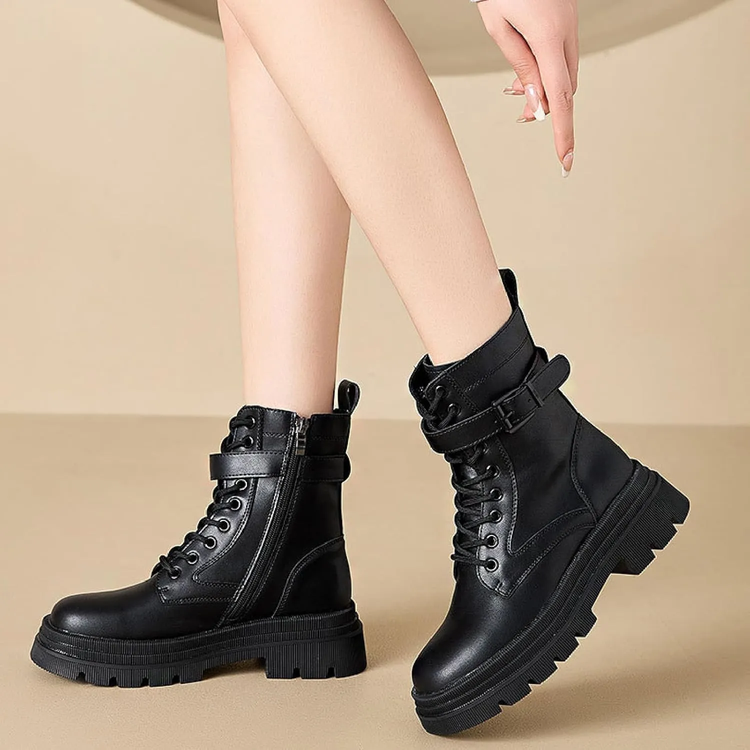 Women's Genuine Leather Lace-up Combat Ankle Boots with Side Zipper Fashion Comfort Round Toe Lug Sole Low Chunky Heel Booties Hollow Breathable Work Dress Boots